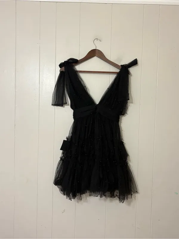 Lulus Tulle Proof Black Beaded Tie Shoulder Mini Dress NWT Size Small Party - Image 10