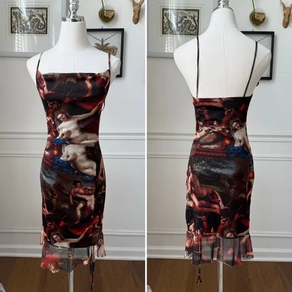 Pretty Little Thing Mesh Bodycon Ruched Mini Dress Renaissance Artwork Print 4 - Image 2