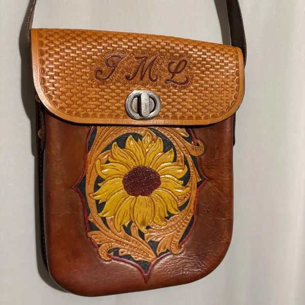 Women's Brown Hand-tooled Leather Crossbody Bag with Sunflower design monogram - Image 2