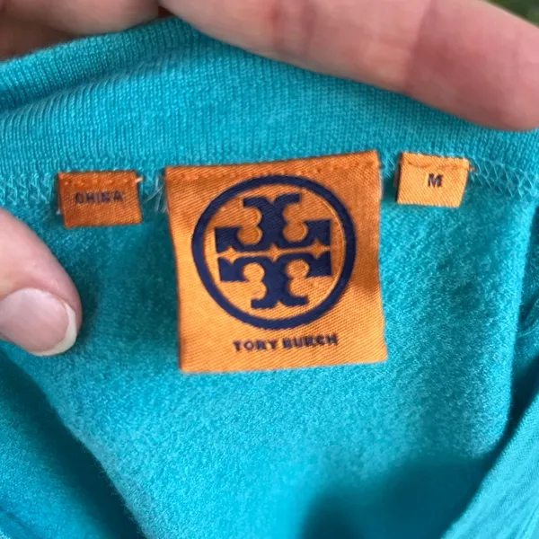 Tory Burch Women's Simone Cardigan Turquoise Logo Button Size M - Image 5