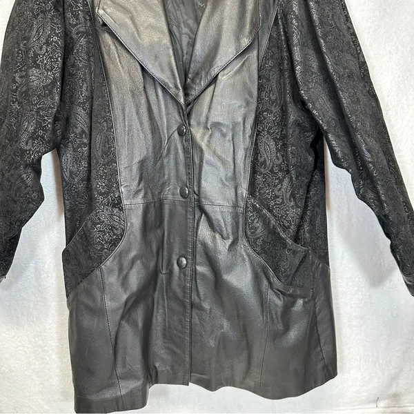 Vintage 80s Wilsons Black Leather Paisley Print Long Sleeve Coat‎ Size M - Image 3
