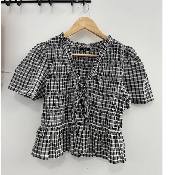 Rails Portia Ash Seersucker Gingham Smocked Tie Front Peplum Top Black White‎ M - Image 2