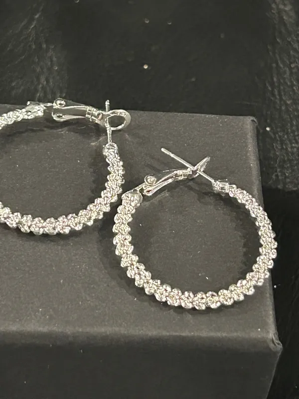 Silver Crystal Pave Hoop Earrings - Sparkling Silver Hoop Earrings - Image 5