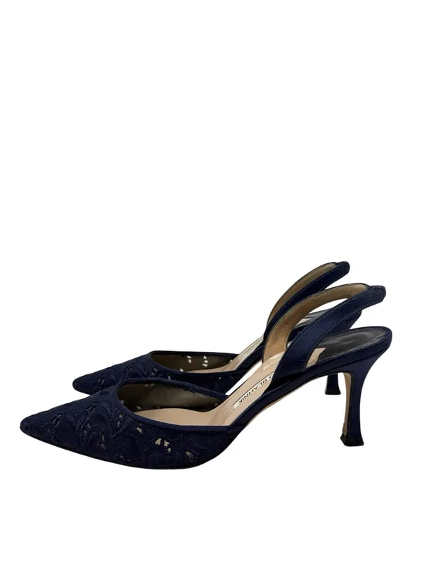 Manolo Blahnik Carolyne 70 Navy Blue Floral Lace Slingback Pumps Size 37.5 - Image 6