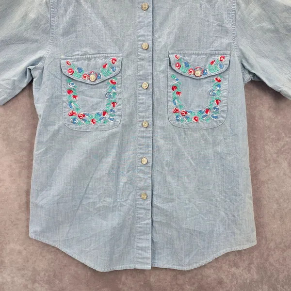 Blue Button Up Floral Embroidered Short Sleeve Vintage Y2K Short Top M Medium‎ - Image 4