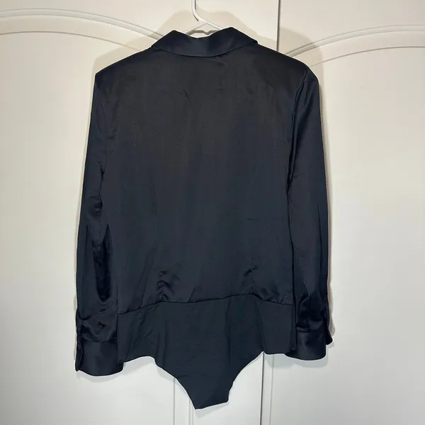 ZARA Bodysuit Black Long Sleeve Button Down Satin Effect‎ Blouse Shoulder Pads M - Image 4