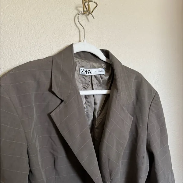 Zara Belted‎ Plaid Blazer Coat Sz Large Brown Grey - Image 3
