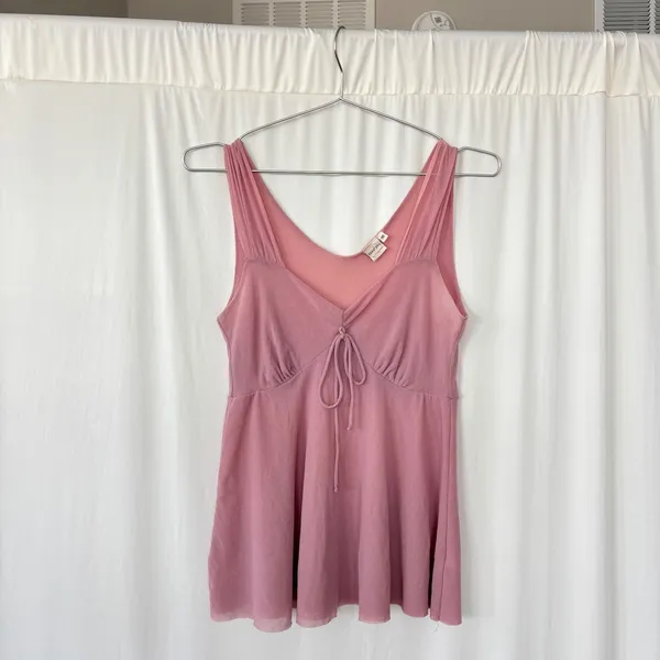 2000s Vintage Sweet Pea by Stacy Frati Pink Mesh Tie Front Babydoll Top Medium - Image 9