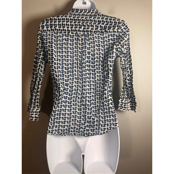J.Crew Mushroom Print Pintuck Pleated Button‎ Front Blouse Navy White Y2K 82254 - Image 4