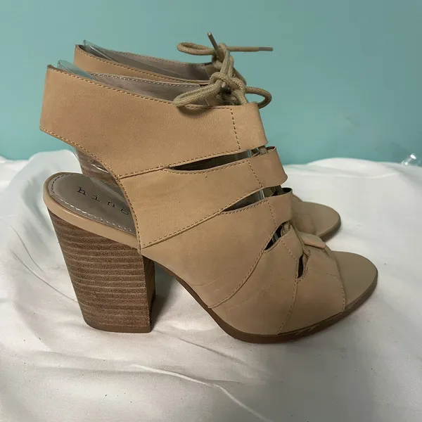 Hinge Beige‎ Suede Lace-up Open-toe Block Heel Shoes Women Size 7.5 S-356 - Image 2
