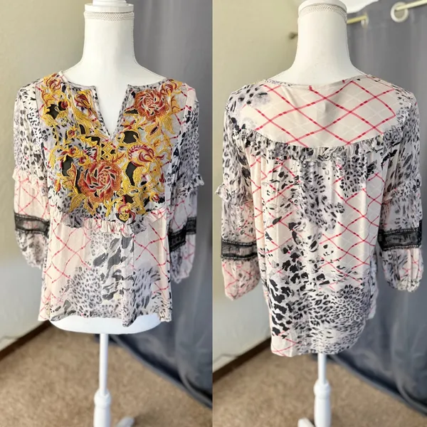 Anthropologie Mathilda Embroidered Leopard Print Blouse Womens XS Maximalist - Image 3