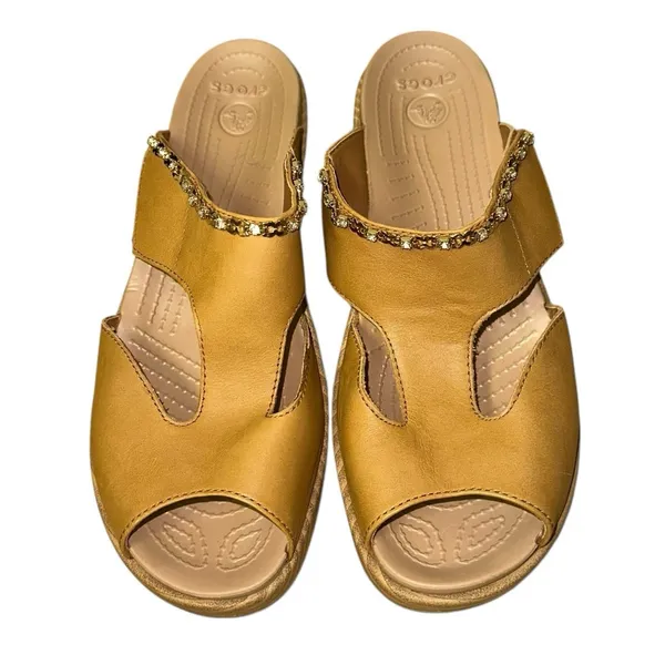 Crocs Gold Wedge Sandals Women's Size 9 Rhinestone Comfort Slides Metallic‎ - Image 2