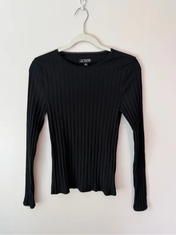 J. Crew Pointelle Ribbed Crewneck Long Sleeve T Shirt Scallop Trim Medium - Image 4