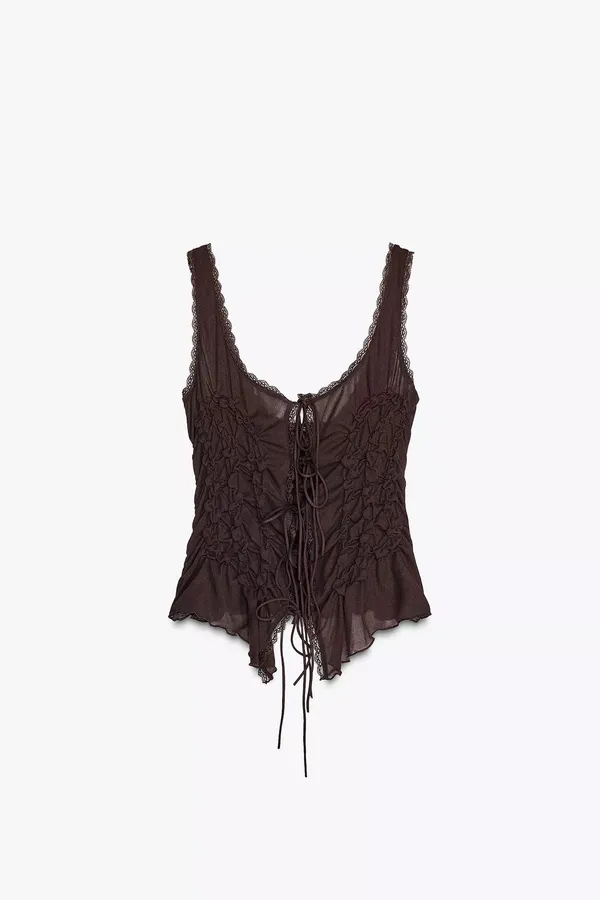 Zara brown Lace-Up Women's Top boho bohemian tied - Image 2