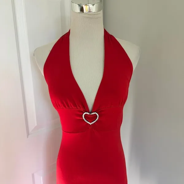 Y2k Red Lipstick Heart Asymmetrical Halter Neck Midi Dress - Image 2