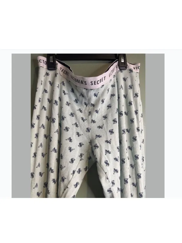 Victoria's Secret Waffle Knit Pajama set M Green Logo Soft Coquette - Image 3