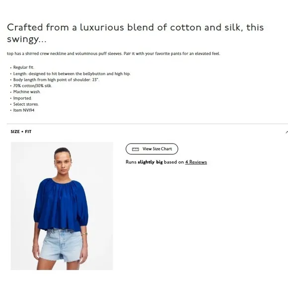 Madewell Top Womens Small‎ Blue Shirred Puff Sleeve Top Cotton Silk NV194 - Image 6