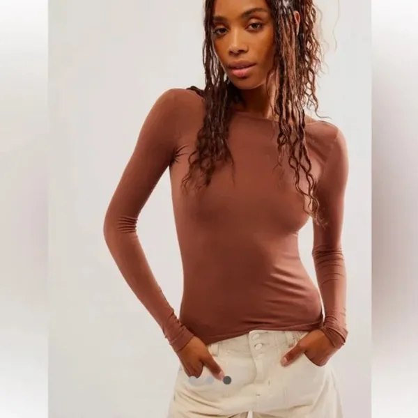 NWOT Free People Low Back Seamless Long Sleeve Top SZ-M/L Chocolate Brown - Image 5