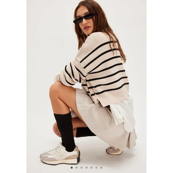 Free People Easy Street Striped Crop Sweater Cream‎ Black Knit Womens Small - Image 4