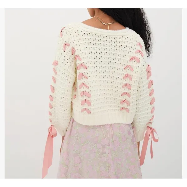 Ribbon Lace Up‎ Cardigan Womens Large Cream Pink Coquette Pointelle Knit Chunky - Image 2
