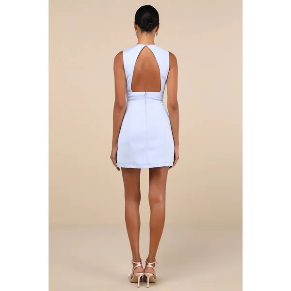 NWT Lulus Illustrious Perfection Light Blue Satin Backless Mini Dress Party Sz L - Image 3