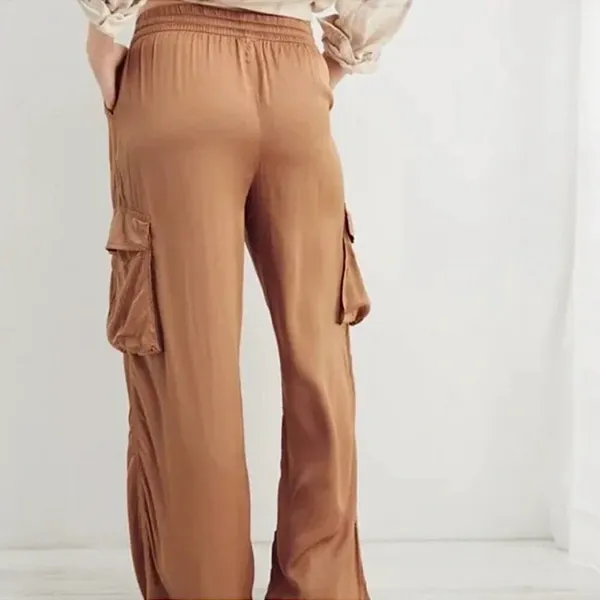 Aerie Champagne Tan Satin Elastic Waist Pull On Wide Leg Cargo Pants Size Medium - Image 7