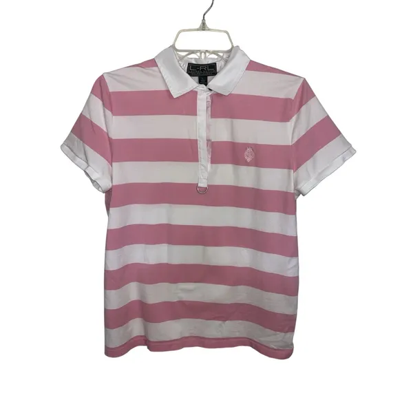 Y2K Lauren Active Ralph Lauren Pink White Stripe Polo Crest Preppy Golf L - Image 3
