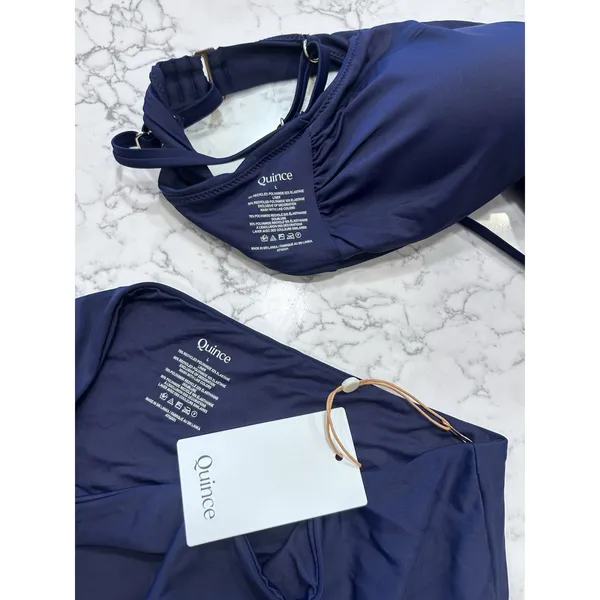 New Quince Deep Navy Italian V Neck Bikini Top & High Rise Bottom Set Size Large - Image 3