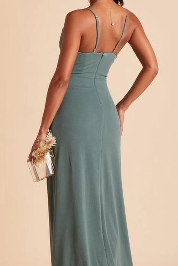 Birdy Grey Ash Crepe Sea Glass Bridesmaid Dress Party cowl neck slit floor length skinny spaghetti straps, invisible back zipper stretch crepe-L - Image 3
