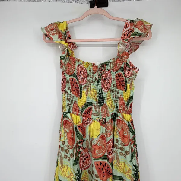 By The River‎ Fruit Print Smocked Midi Dress L Watermelon Lemon Ruffle Tiered - Image 3