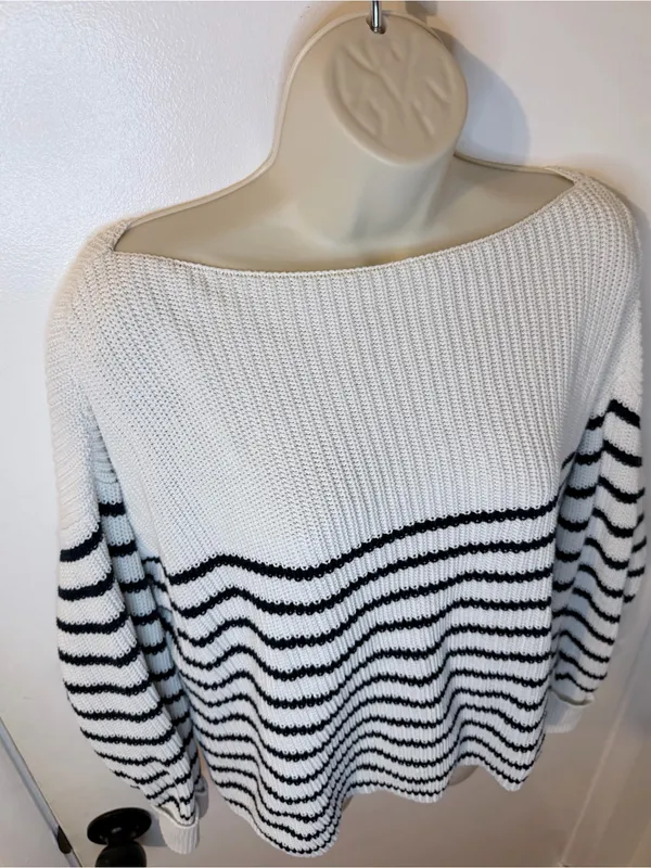 French Connection XS White Black Stripe Knit Boat Neck Sweater Cotton - Image 10