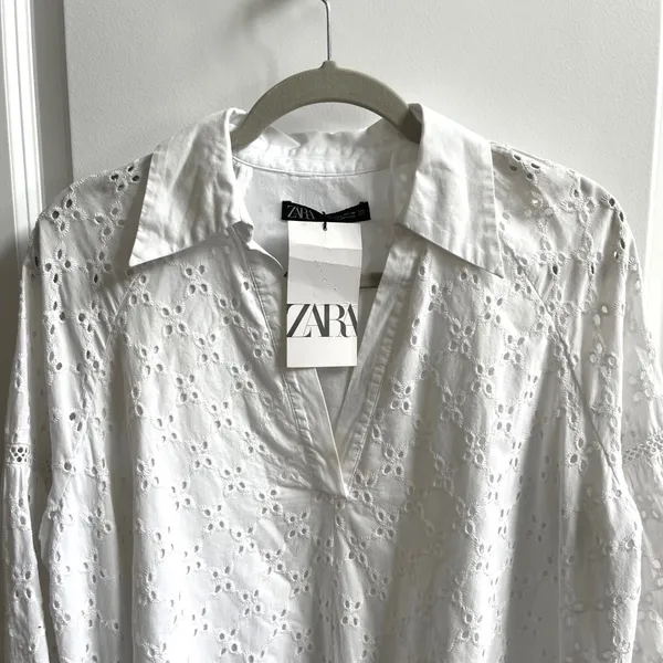 Zara Eyelet Mini Dress Womens Large White Boho Coastal Cotton‎ Tunic Embroidered - Image 4
