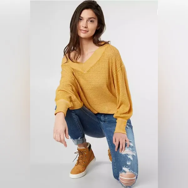 We the Free ! Women's Yellow V-Neck Sweater - Image 2