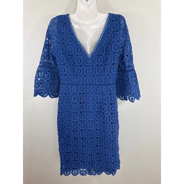 Boden Royal Blue Cotton Circle Lace Bell Sleeve Sheath Dress US‎ 6R - Image 5