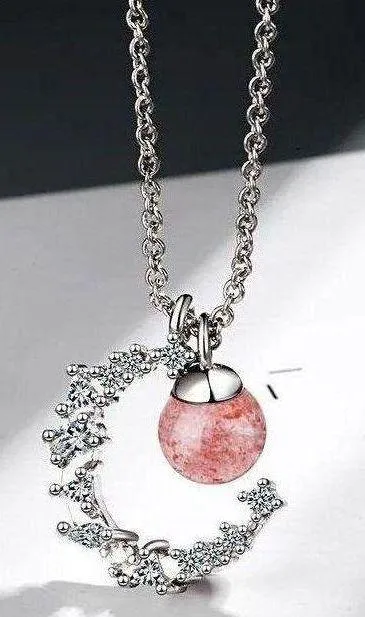 925 crescent strawberry crystal necklace women's high-end light luxury 2023 new style peach blossom clavicle chain ins lettering - Image 12