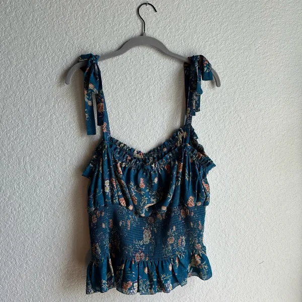 💙Natural Life Eloise Teal Blue Floral Smocked Tie Strap Tank Top - Image 4