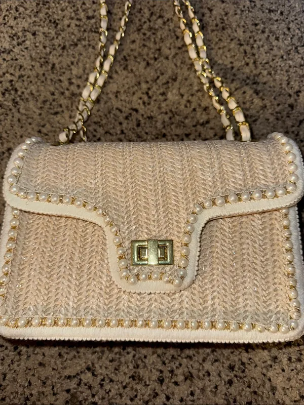 Cream Pearl-Trim Shoulder Bag with Gold Chain Strap - Image 2