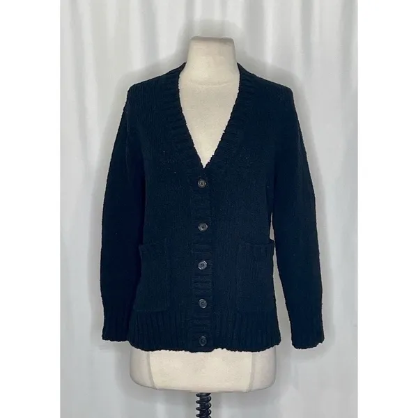 NWT!! J. CREW Marina V-Neck Cardigan Sweater Pockets Solid Black‎ Preppy Medium - Image 2