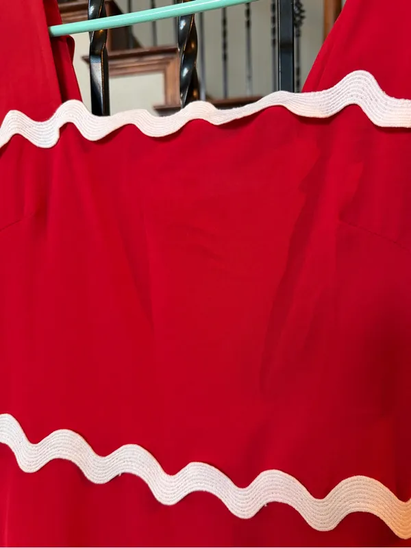 Red Smocked Maxi dress with White Ladder Stitching - Image 2