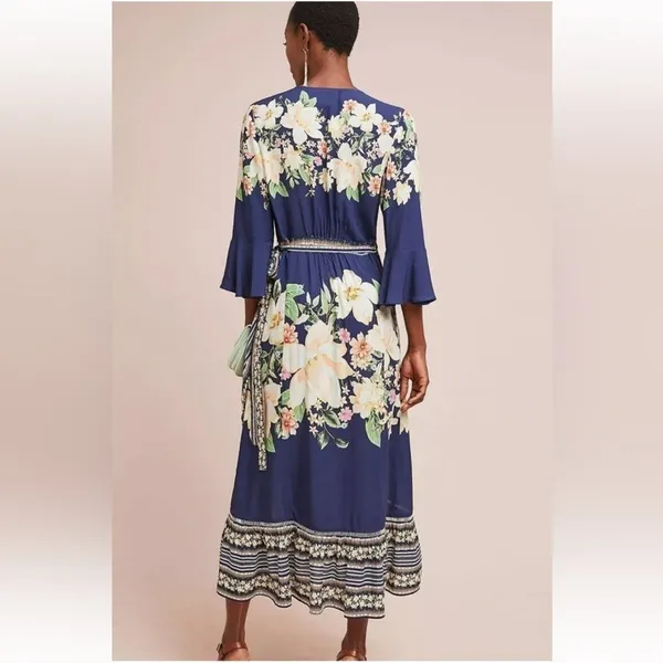 Farm Rio Anthropologie Midnight Flower Wrap Dress Blue Floral Cottage Small - Image 2