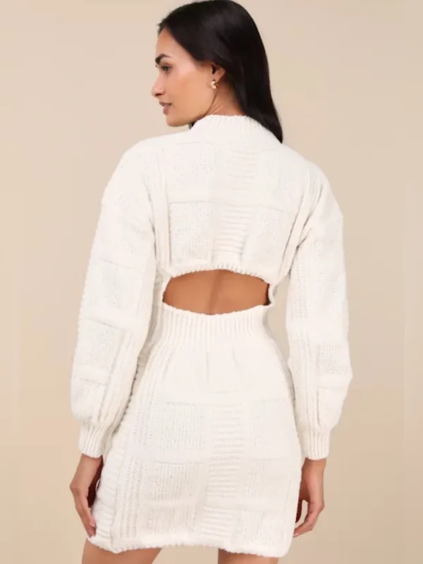 Lulus Patchwork It Cream Cable Knit Cutout Sweater Mini Dress Size XS Cream - Image 2