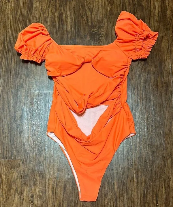 Orange Puff Sleeve One Piece Swimsuit - Image 2