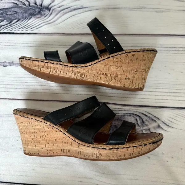 BORN Cork 3” Wedge Heel Strappy Slip-On Black Leather Sandals Sz‎ 10 Platform - Image 9