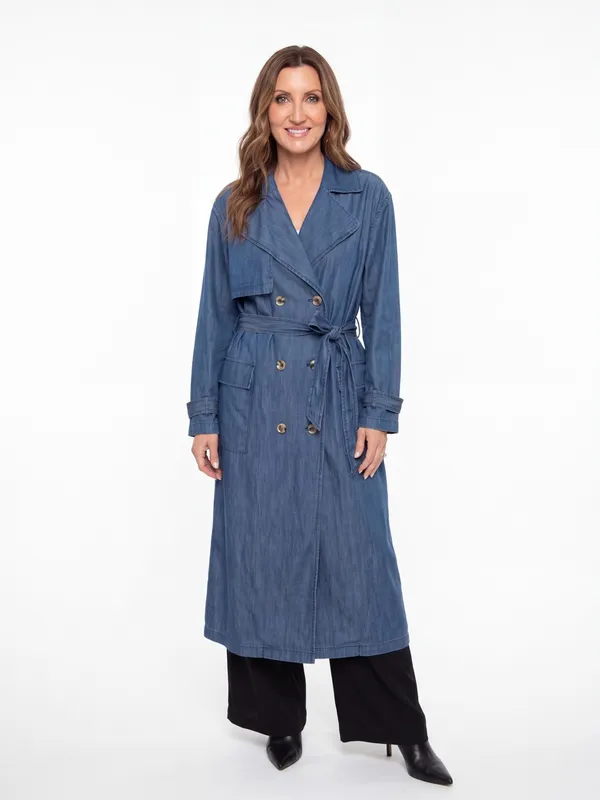 JustFab Double Breasted Longline lightweight Denim Trench Coat Belted minimalist - Image 2