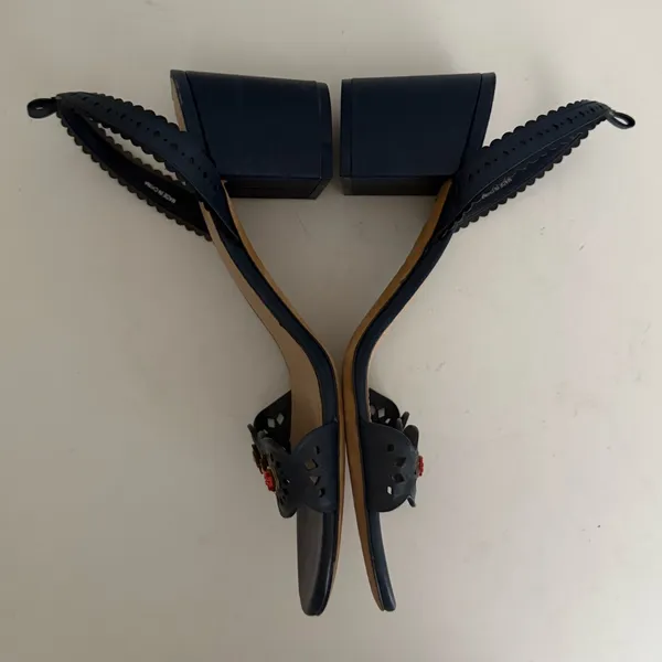 TORY BURCH Marguerite Perforated Floral Navy Blue Slingback Block Heel Sandal 10 - Image 9