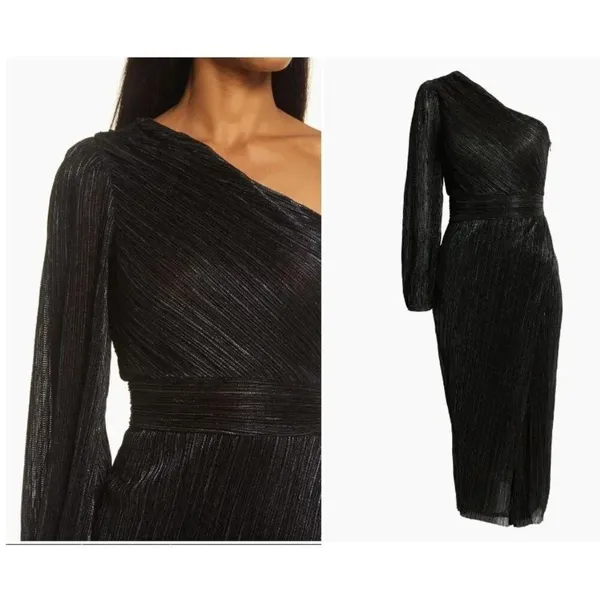 Saylor Alora Dress in Black Metallic Womens Plisse One Shoulder Midi - Image 11