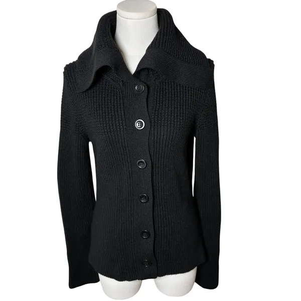 Ann Taylor Merino Wool Chunky Ribbed Cardigan Black Collared Button Front Size M - Image 2