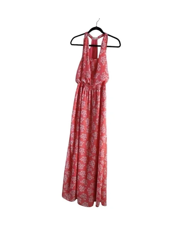 Tulle Coral-Pink Floral Sleeveless Maxi Dress with Waist Tie - Image 2