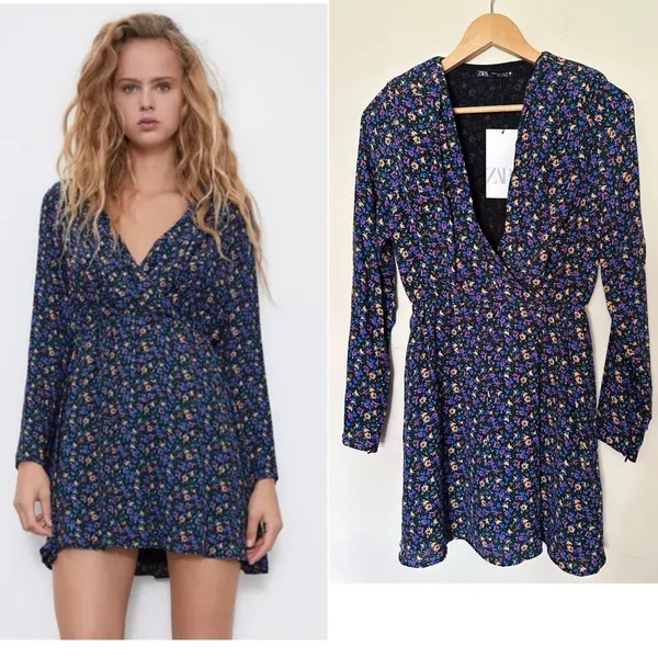 Zara Mini‎ Dress | Boho Floral Print | Women’s XS | Shoulder Pads | Long Sleeve - Image 2