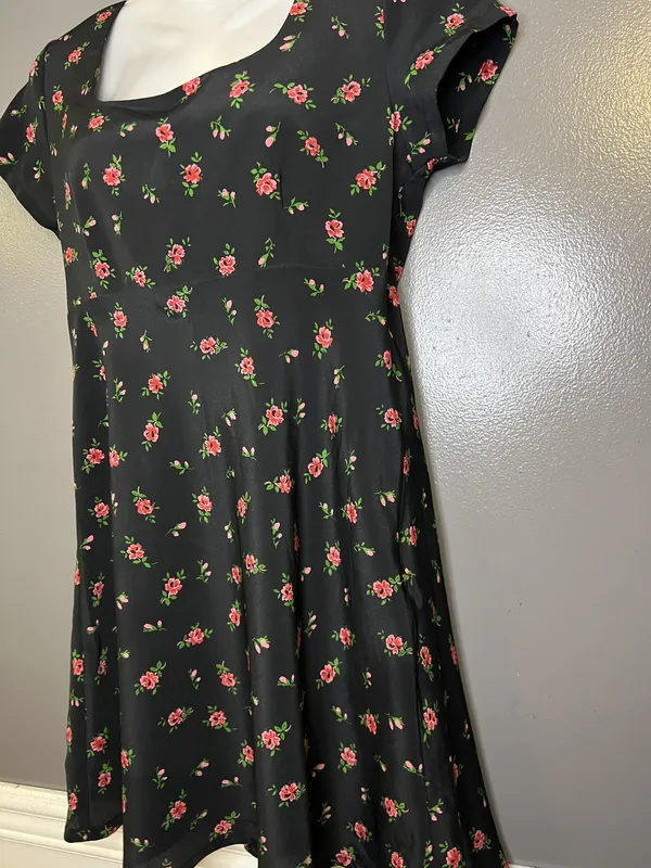 Vintage Esprit Dress Women 6 Black Floral Fit & Flare Short Square Neck Sundress - Image 4